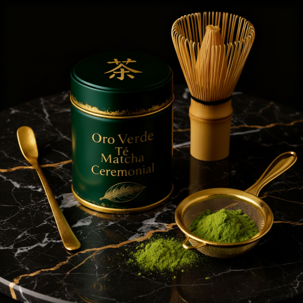 Lata Oro Verde 8K hero shot fotorrealista