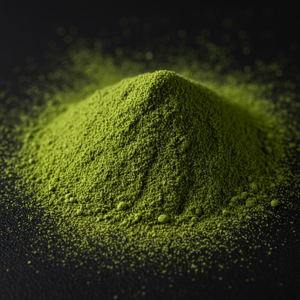 Matcha ceremonial 8K macro con partículas visibles