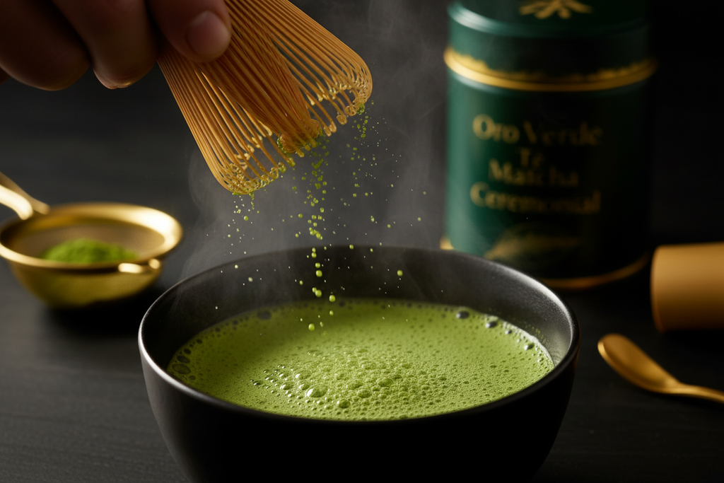Preparación de matcha 8K con espuma ultra nítida